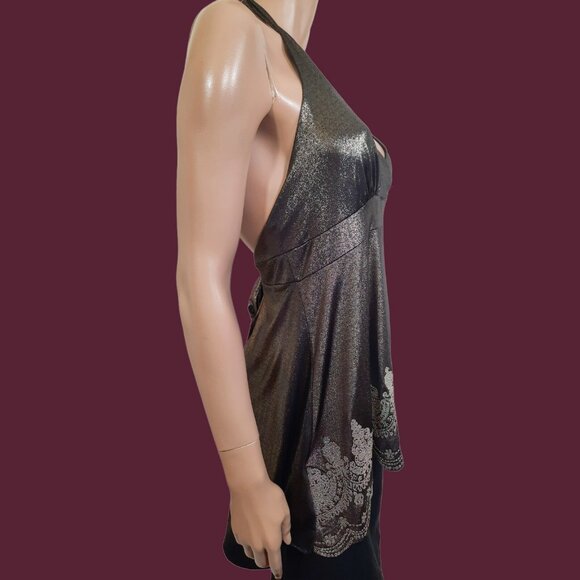 Y2K Babydoll Halter Top Bronze Glitter Metallic XL Party Cocktail Going Out Top - Picture 8 of 9